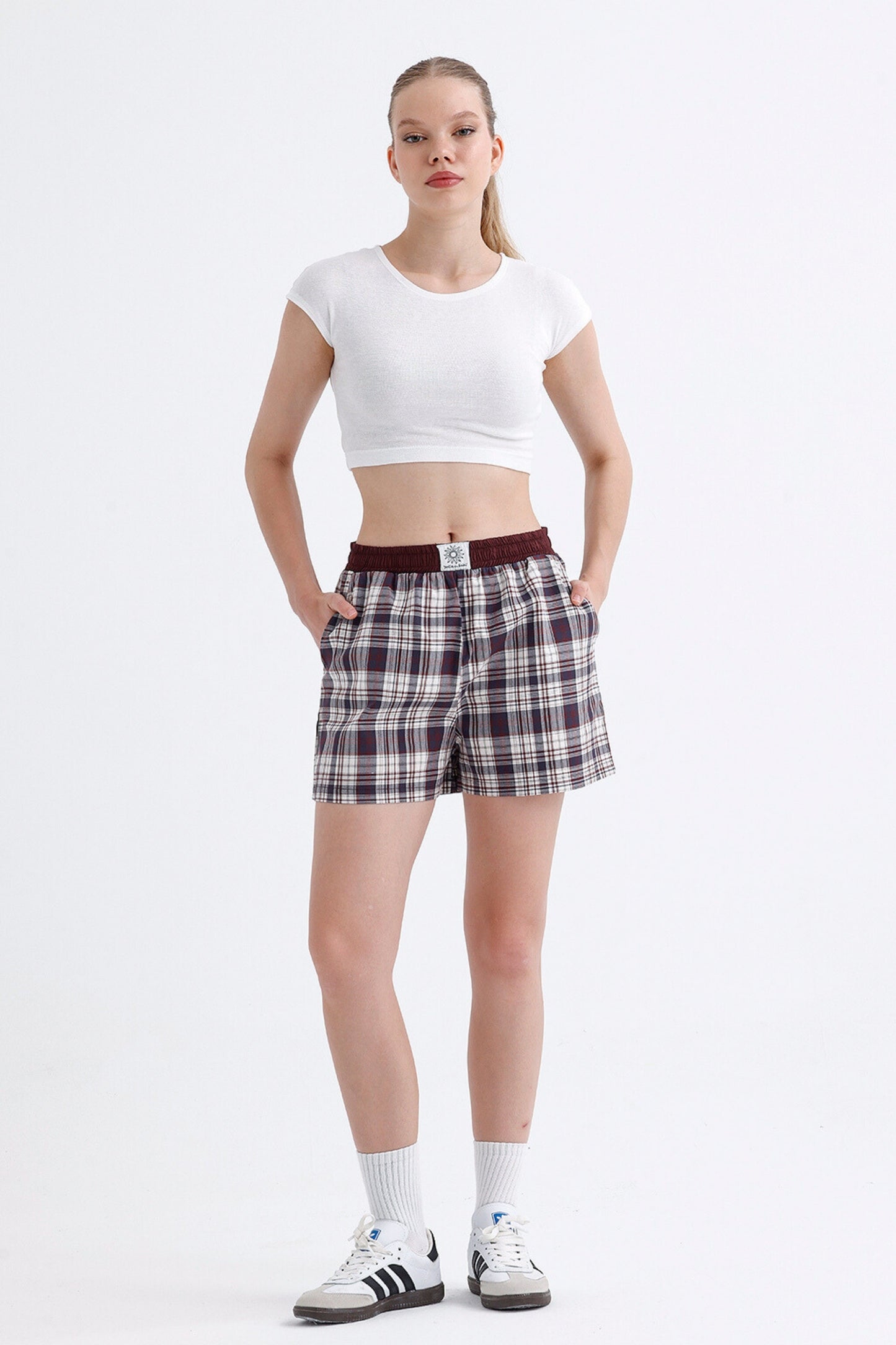 Navy Blue/Burgundy Plaid Boyfriend Shorts