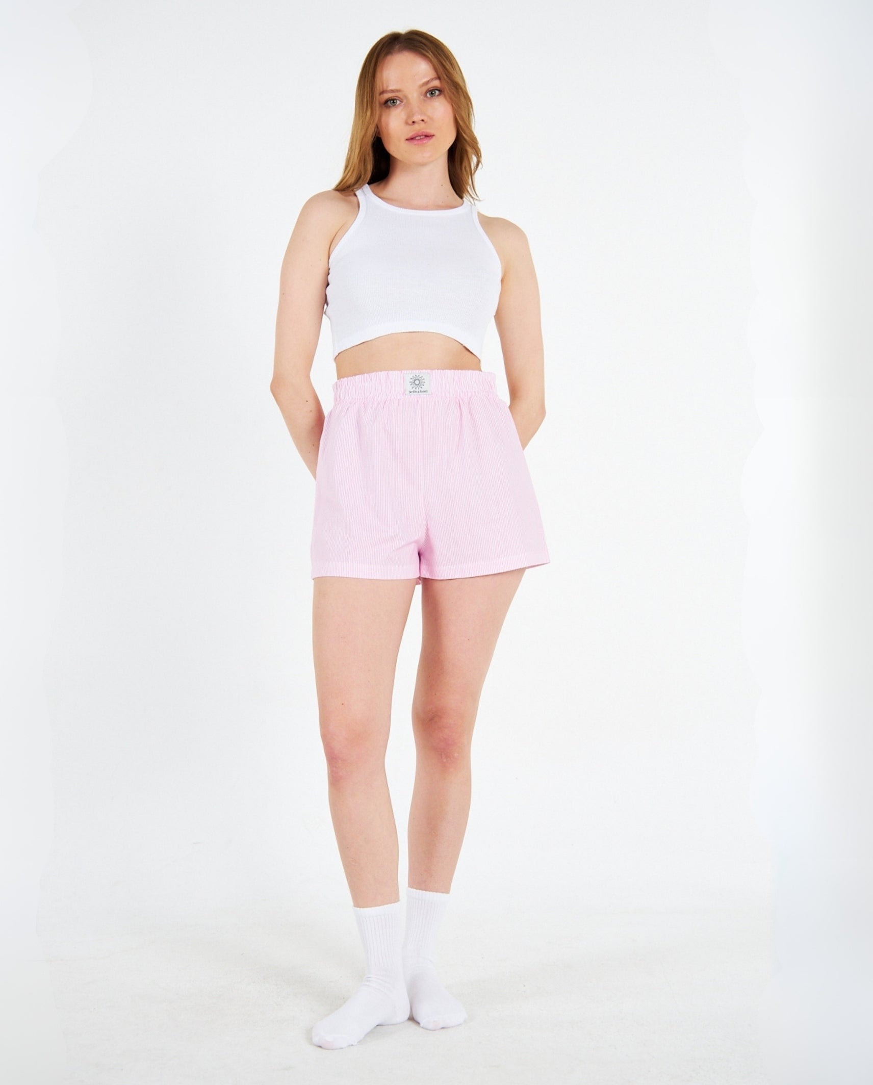Yüksek Bel Pembe Çizgili Şort Crop Takım